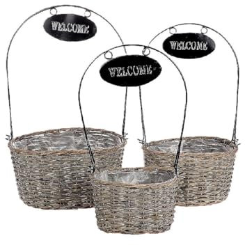 Decpero Pflanzkorb Welcome 3er-Set I mit Metall-Bügel I Pflanzkübel mit Welcome Schild