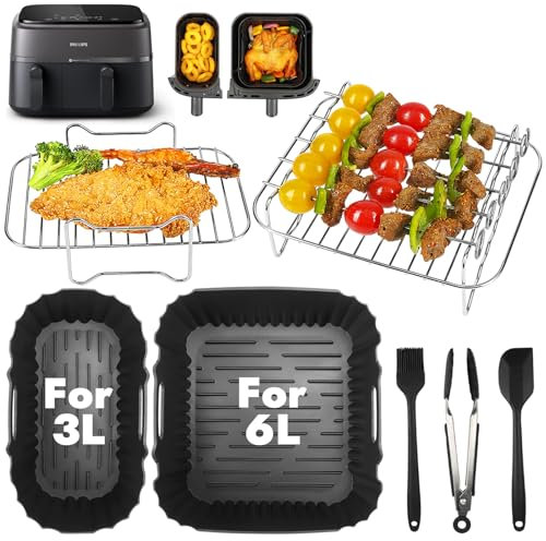 BYKITCHEN Airfryer Zubehör für Philips Dual Basket 3000-Serie(NA350/00), 9L, 7 Stück Inklusive Silikon Backform & grillrost, Heißluftfritteuse Zubehör für Philips Steam Airfryer 5000 Series NA550/00