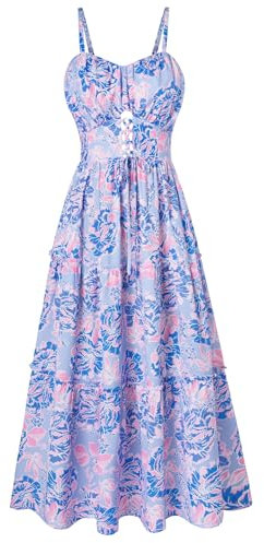 GRACE KARIN Robe de Plage Femme Fleurs Robe à Bretelles été Vacances Casual décontractée XL Fleurs Rose Bleu Clair