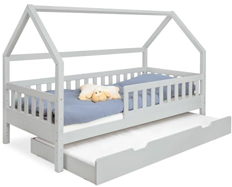 Ehrenkind® Hausbett Lille | Kinderbett mit abnehmbaren Rausfallschutz aus Massivholz FSC® zertifziert inkl. Bettkasten | Hausbett 90x200 | Kinderbett 90x200 Grau