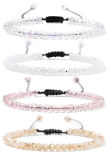Uwiyo Bracelet de Bohème en Perles de Cristal 4 Pièces Bracelet Pierre Naturelle Femme Réglable Bracelets de Perle Cristaux Multicouches (Rose#2-corde réglable)
