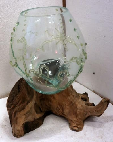 Marblechic - Vase indonésien racine de bois et verre soufflé 35x25x3h Porte Fleurs Aquarium Décoré