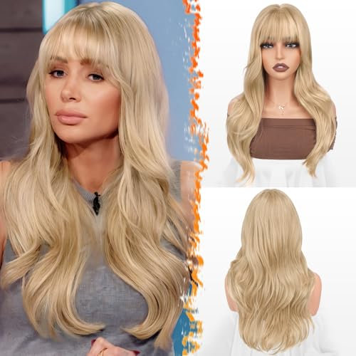 BARSDAR Beige Blond Perücke mit Pony, 50cm Layered Blond Perücke mit Bangs für Frauen Natürliches Aussehen Weiche Gewellte Synthetische Perücken Glattes Haarschnitt Fringe Tägliche Party Halloween