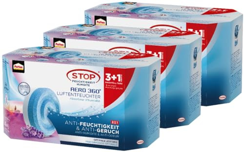 Pattex AERO 360° Luftentfeuchter Nachfüll Tabs Lavendel, ultra-absorbierend und geruchsneutralisierend, für den AERO 360° Luftentfeuchter, reduzieren Kondenswasser, Nachfüllpack 3x (3+1 x 450g)