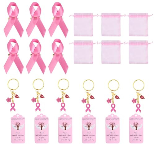 Lot de 4 Kit Octobre Rose Broche Femmes Broche de Sensibilisation Cancer du Sein Porte-clés Rose Ruban Fer Épinglettes pour Les Activités de Soutien Aux Soins des Femmes (15cm)