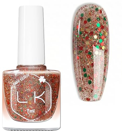 Clear Confetti Glitter Nail Polish 7ml, Multicolour Glitter Top Coat, Chunky Sparkle Nail Varnish, Quick Dry High Gloss Nail Colour for Festive Nails