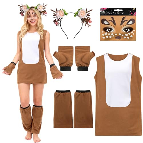 Raveparty Reh Kostüm Damen, Rentier Kostüm Damen, Rentier Haarreif Tattoos Zubehör, Faschingskostüme, für Cosplay, Karneval Party