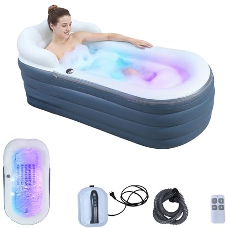 Baignoire portable pour adultes avec matelas de massage à air, baignoire spa avec éclairage LED romantique, oreiller/appui-tête/accoudoirs (pompe à air incluse)