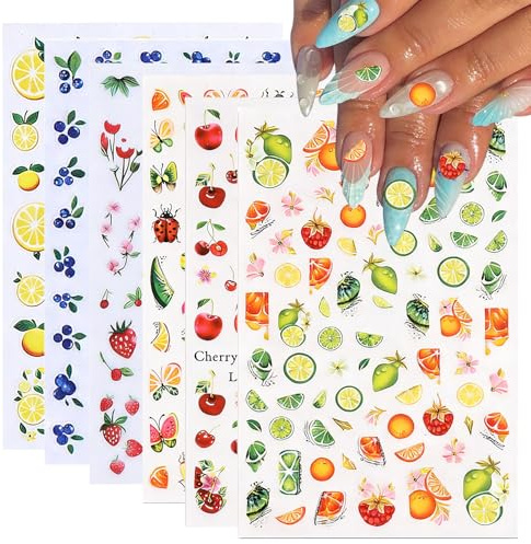NICENEEDED 6 Sheets Fruit Nails Art Stickers, 3D Self-Adhesive Relief Nails Stickers Lemon Strawberry Cherry Nail Decals, Fruit Color Decal Supplies Summer Nail Art Decoration