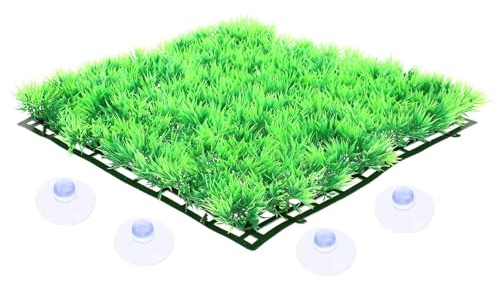 Kichvoe Tapis D’aquarium en Gazon Synthétique 25x25 Cm 4 Ventouses, Dalles de Gazon Artificiel Lavables en Plastique pour Décor Aquatique, Cachette pour Poissons, Décoration Bassin