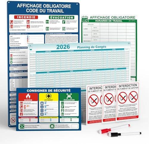 Affichage Obligatoire Entreprise 2026, Kit 9 Panneaux, Code Du Travail | PVC Rigide, Surface Effaçable Brillante, Impression UV HD, Adhésif Intégré, Pour Bureaux, Ateliers, Commerces Et ERP