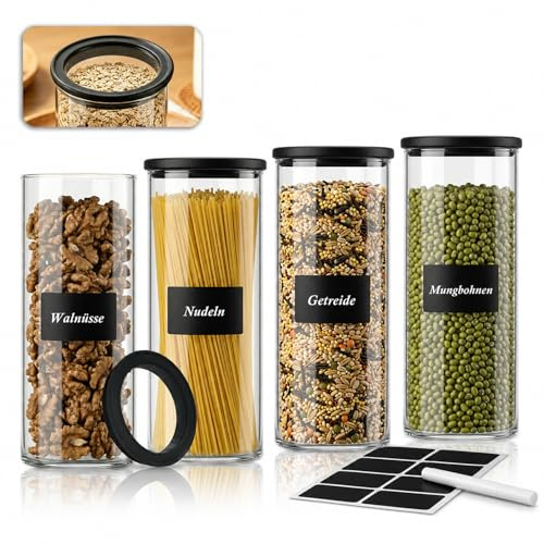 twoant Tarros de Cristal Con Tapa Hermética Transparente（4×1800ml） Cocina Botes Almacenaje Redondos Ideales Para Guardar Especias, Pasta, Legumbres, Avena, Cereales