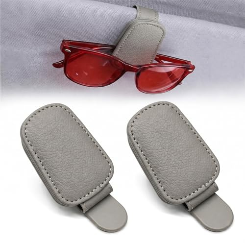 Stalora 2 Pièces Porte Lunettes pour Voiture Magnétique en Cuir PU, Support Lunette Voiture Universel pour Pare-Soleil, Clip Attache Lunettes de Soleil Auto Accessoire Pratique, Gadget Voiture (Gris)