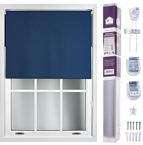 FURNISHED Roller Blinds Window Blackout Blind - 100% Black Out Thermal Fabric Easy Fit Fittings - Custom Made to Measure Blackout Blind Bedroom Bathroom Kitchen, Navy, Up to 150W x 210H cm
