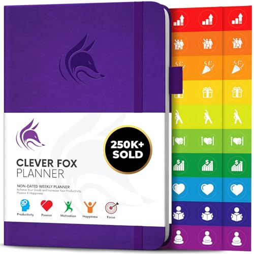 Clever Fox Weekly Planner Undated, Monthly & Daily Notebook, Purple | Goal & time management journal, to-do list, daily habit tracker, stickers, 120gsm paper, for women, men & teens