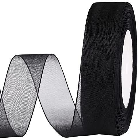 molshine 25mm x 45m/Rolle schimmerndes Organzaband,Chiffon-Stoffbänder für Blumensträuße,Girlanden,Schleifen,Hochzeiten,Geschenkverpackungen,Haare,Kunsthandwerk,Dekoration (Schwarz)