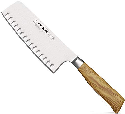 Burgvogel Solingen Chinesisches Kochmesser 17 cm geschmiedet Olivenholz, Oliva Line, rostfrei, Chai Dao mit Kullenschliff, hell, scharf
