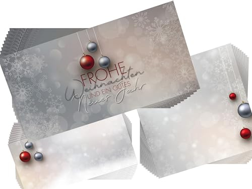 Weihnachtskarten Komplett-Set | Weihnachtskugeln Rot und Silber | 50 Karten-Sets mit Einleger und Kuvert | weihnachtliche Klappkarten