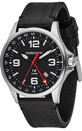 Torgoen T9 Black GMT Pilot Watch for Men, Swiss Quartz, Mineral Crystal with Black Leather Strap