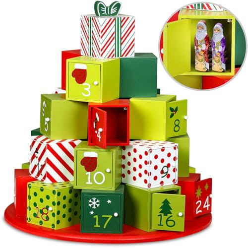 SPIELWERK® Wiederverwendbarer Adventskalender Geschenkeberg XL Zum Befüllen 24 Große Türchen Weihnachten Kinder DIY Weihnachtliche Holz Dekoration