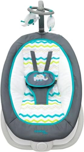 Asalvo FOLD Elefante Babywippe, Rückenlehne in 4 Positionen, entspannende Musik und Vibration, Feste Position und Wippe, 5-Punkt-Gurt, faltbar, maximale Belastung 9 kg, Aqua Grau