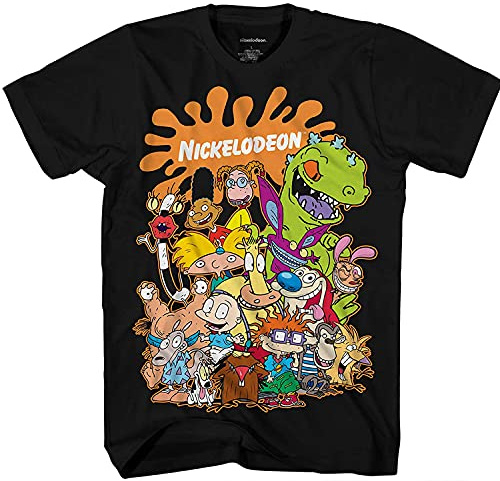 Nickelodeon Mens 90's Classic Shirt - Rugrats, Reptar, Ren & Stimpy, and Hey Arnold Vintage T-Shirt (Black Nick, Large)