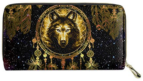 Biyejit Damen-Geldbörse, lang, Leder, Blumenmuster, Handy-Kartenhalter, Clutch, Kapazität Tasche, Traumfänger Wolf, Einheitsgröße, Casual