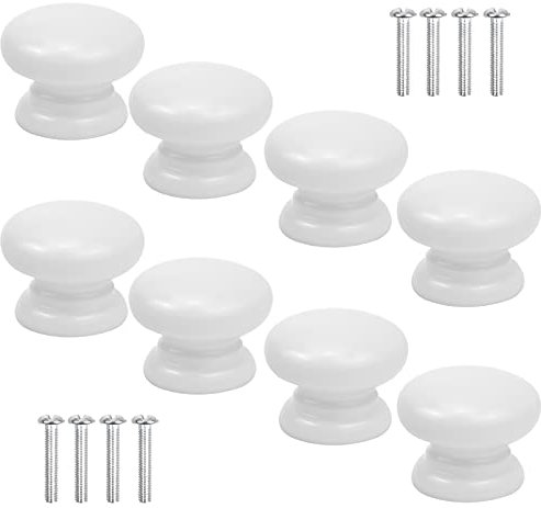 Smatime 8 Pcs Cabinet Knobs, 33MM White Wooden Drawer & Door Knobs - Round Solid Pulls & Handles for Cupboard, Wardrobe & Drawer