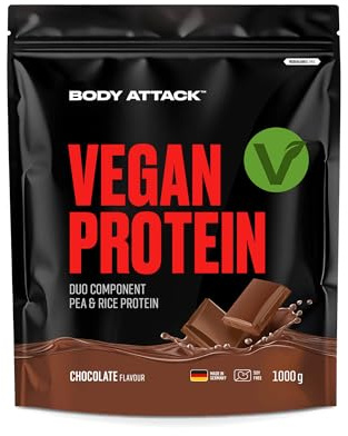 Body Attack Vegan Duo-Component Protein,1000g, Chocolate, veganes Protein aus zwei Quellen, umweltfreundlicher Zip-Lock Beutel, 9.060mg EAAs & 4.650mg BCAAs, zuckerfrei, Made in Germany