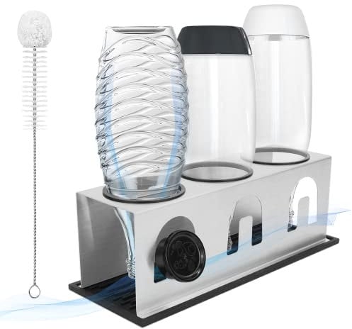 ACTIV CUISINE Flaschenhalter für Sodastream Duo Crystal Flaschen, 3er Edelstahl Abtropfhalter, Abtropfständer Abtropfgestell mit Schutzringe, Abtropfmatte, Deckelhalter und Flaschenbürste