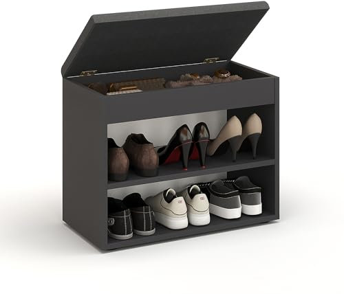 KOMTO Schuhbank mit Sitzfläche - Schuhregal Bank mit Stauraum Schwarz 60 x 48 x 32 cm Kleiner Schuhschrank mit Sitzbank Flur Bank Garderobenbank Sofia