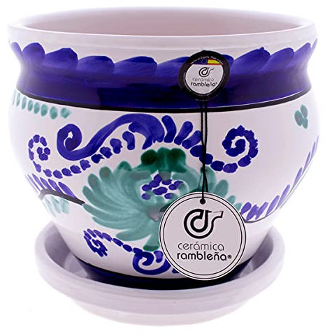 CERÁMICA RAMBLEÑA | Macetas de Barro Rojo | Macetas Decorativas | Macetas | Macetas Exterior | Maceta Coco Decorado Granadino - D116 | Decoración 100% Hecho a Mano | 21x21x19 cm | Plato Incluido
