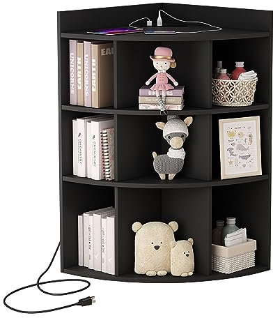 Wodeer Eckschrank mit Ladestation, Eck-Spielzeugaufbewahrung mit 2 USB-Anschlüssen und 3 Steckdosen, Holzeckaufbewahrung für kleinen Raum, Wohnzimmer, schwarz