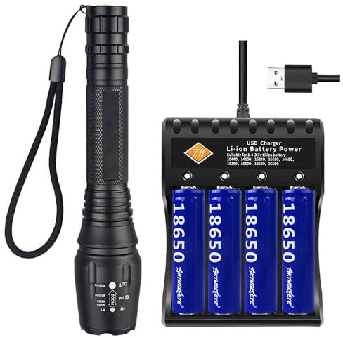 VISVIC Bright Torch, w/4 Rechargeable 18650 Batteries, 4-Slot USB Universal Charger, Torch Battery Charger Set Ideal As a Gift, 18650 Flashlight, Zoomable, 5 Modes, Outdoor Night Fishing Torch