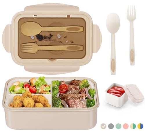 LUZOON Lunch Box, 1400Ml Bento Box Fiambrera Infantil y Adultos con 3 Compartimentos y Cubiertos Caja de Almuerzo de Plástico Caja de Alimentos sin BPA, Para microondas(Caqui+Recipientes para Salsas)