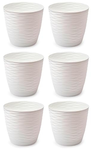 AC - Pack de 6 Macetas Redondas con Plato - Diseño Wind (Ø 15 cm) - Fabricado en plástico - Ideal para jardín Exterior, terraza o balcón - Color Blanco Roto