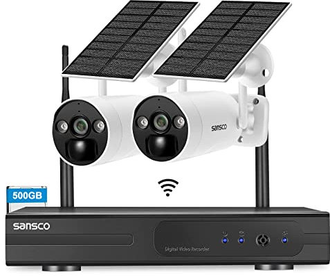 SANSCO Wireless Solar Battery Powered Security Camera System, 10 Channel 2K NVR Recorder with 500GB Hard Drive, 2x 4MP Outdoor WiFi IP Camera with Solar Panel, PIR Detection, 2 Way Audio