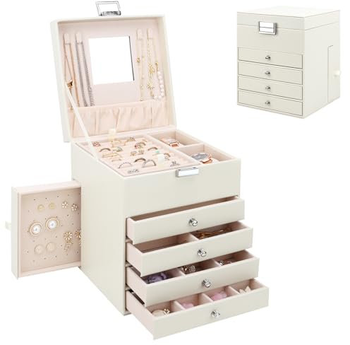 Scatola Portagioie a 5 livelli, Grande Porta Gioielli in Pelle PU con 6 Cassetti, Grande Organizzatore di Gioielli per Anelli Orecchini Bracciali Collane, Beige