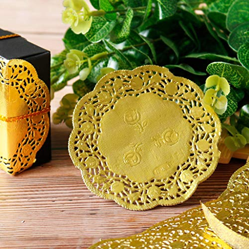 BYUTFA 50 Stück 8,9 cm Hohle Florale runde Spitzen-Papierdeckchen Party DIY Gold Tischset
