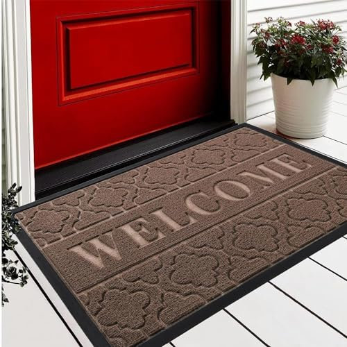 Yimobra Welcome Door Mat 75 x 43 cm, Heavy Duty Durable Front Door Mat for Home Entrance, Garage and Garden Outside Entryway Floor Mat, Non Slip, Fade Resistant, Easy Clean, Brown
