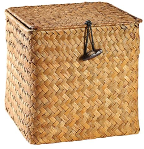 Ciieeo Medium Orange Square Straw Plaited Box with Lid, Handwoven Seagrass Storage Basket for Tea, Snacks, and Home Decor