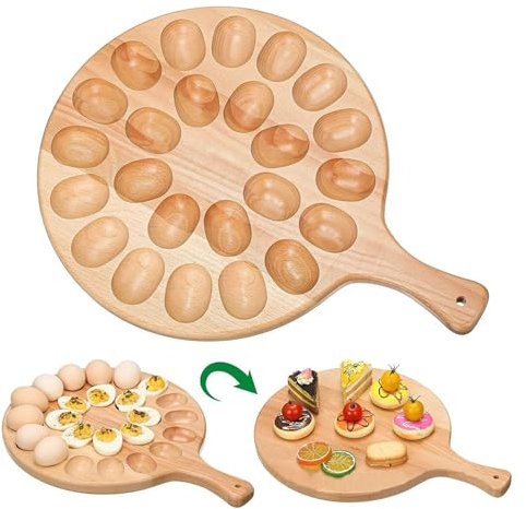 Kirdume Eierteller Aus, Eiertablett Aus, Eierhalter Aus, Rundes Eiertablett, Kreatives Eierteller-Serviertablett, Holztablett Mit 24 Löchern Und Robustem Griff Für Präsentation Auf Küchentheke