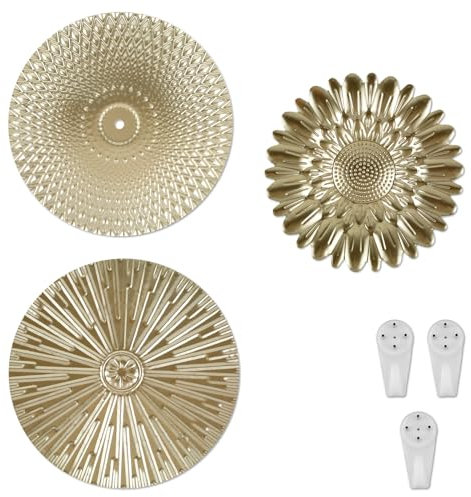Golden Wall Decor, 3Pcs Metal Starbursts Radial Plate Wall Art Decor Modern Abstract Wall Decorations Gold Wall Art Hanging Sculptures Elegant Circular Plate Wall Decor for Living Room Bedroom(Suit 2)