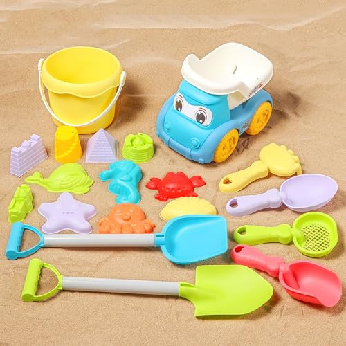Lotvic Beach Toy Set, 19 Pcs Sand Toys, Bucket and Spade Beach Set for Kids, Fun Sand Pit Toys, Summer Outdoor Beach Games, Beach Toys for Toddlers Kids Boys Girls