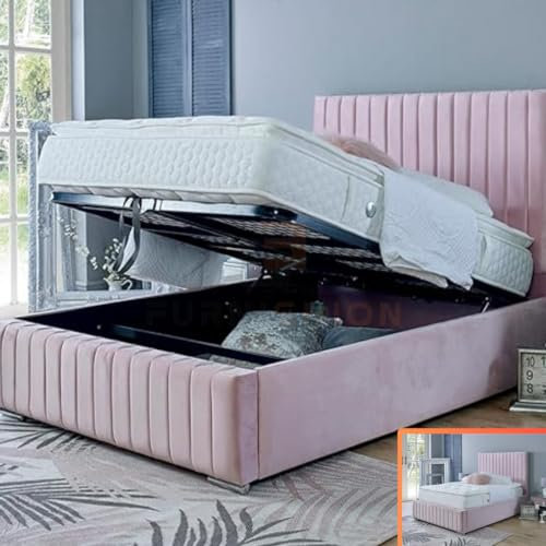 Furnishion Ottoman Bed - Pink Velvet Double Bed with Storage - Upholstered Panel Bed and Mattress Included & 48 inch High Headboard