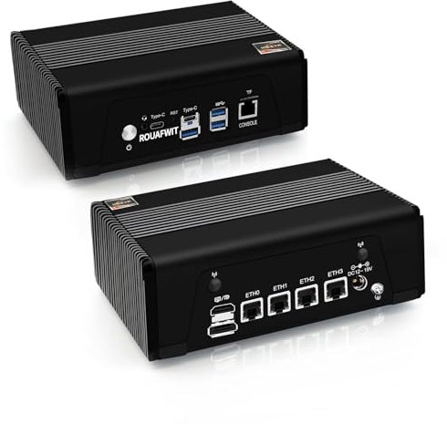ROUAFWIT Mini PC Firewall AMD Ryzen R7 7840HS, 4 x i226V 2.5GbE Gigabit Micro Desktop Computer, USB4 40Gbps Type-C 10G, Dual Fan, WiFI, BT, TF, Black, NO RAM NO SSD NO System