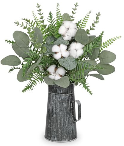 Briful 17 Artificial Fern Plants in Rustic Metal Vase, Silk Eucalyptus Leaves Natural Cotton Flowers Artificial Greenery in Vase for Centerpieces Home Kitchen Decor