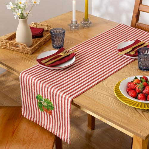 furn. Wylder Strawberry Stripes Table Runner – Washable Vibrant Summer Fruit Striped Quick Drying Dining Table Decoration (Candy Cane - 180x35cm)