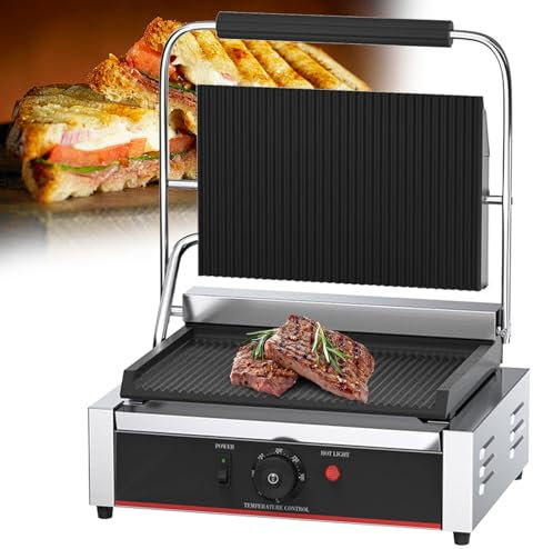RUYICZB Parrilla De Prensa Panini Comercial, Sandwichera 2200 W Eléctrica De Acero Inoxidable con Superficie De Cocción Antiadherente, Bandeja De Goteo Extraíble, Control De Temperatura 50-300°C