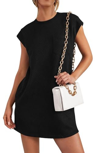 Womens Cap Sleeve Crew Neck Casual Loose Basic Mini Dress, Mini Dress with Pockets, Summer Tunic Mini Dress (Black,L)
